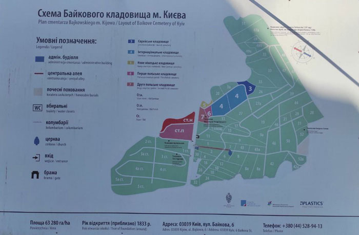 Схема Байкового кладовища в Києві з секторами
